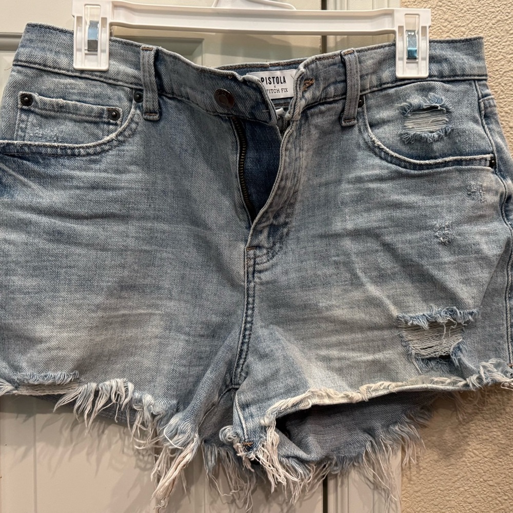 Pistola Blue Distressed Jean Shorts with Frayed Hem